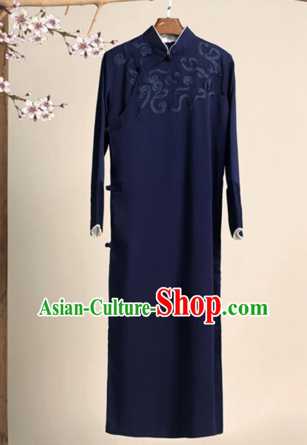 Chinese Cross Talke Clothing Navy Blue Long Robe Traditional Republic of China Costume for Men