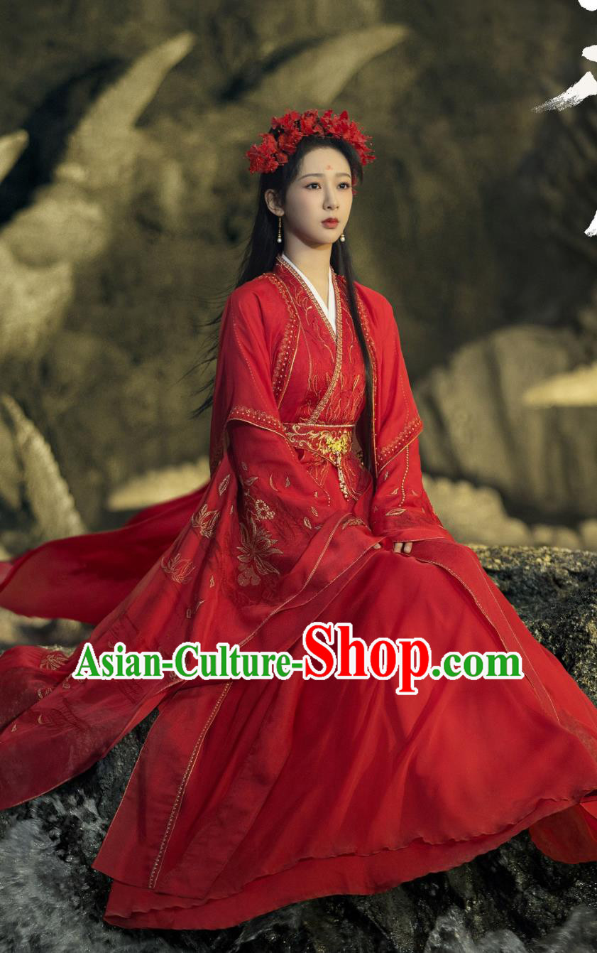 Ancient China Bride Clothing Traditional Chinese Hanfu TV Drama Lost You Forever Princess Xiao Yao Wedding Dress Red Costume