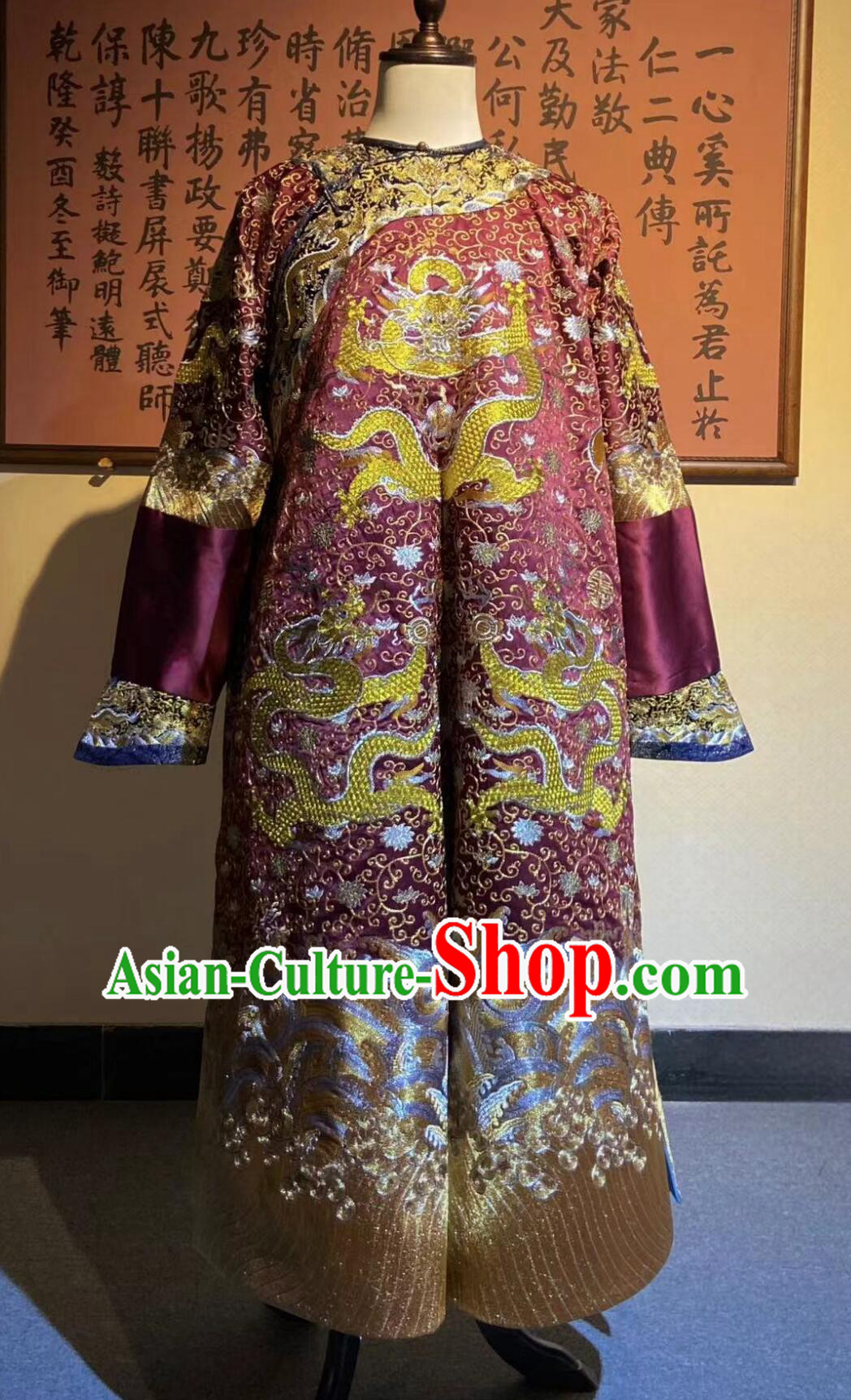Ancient China Monarch Auspicious Attire Chinese Qing Dynasty Emperor Crimson Dragon Robe Clothing Traditional Twisted Gold Embroidery Imperial Robe