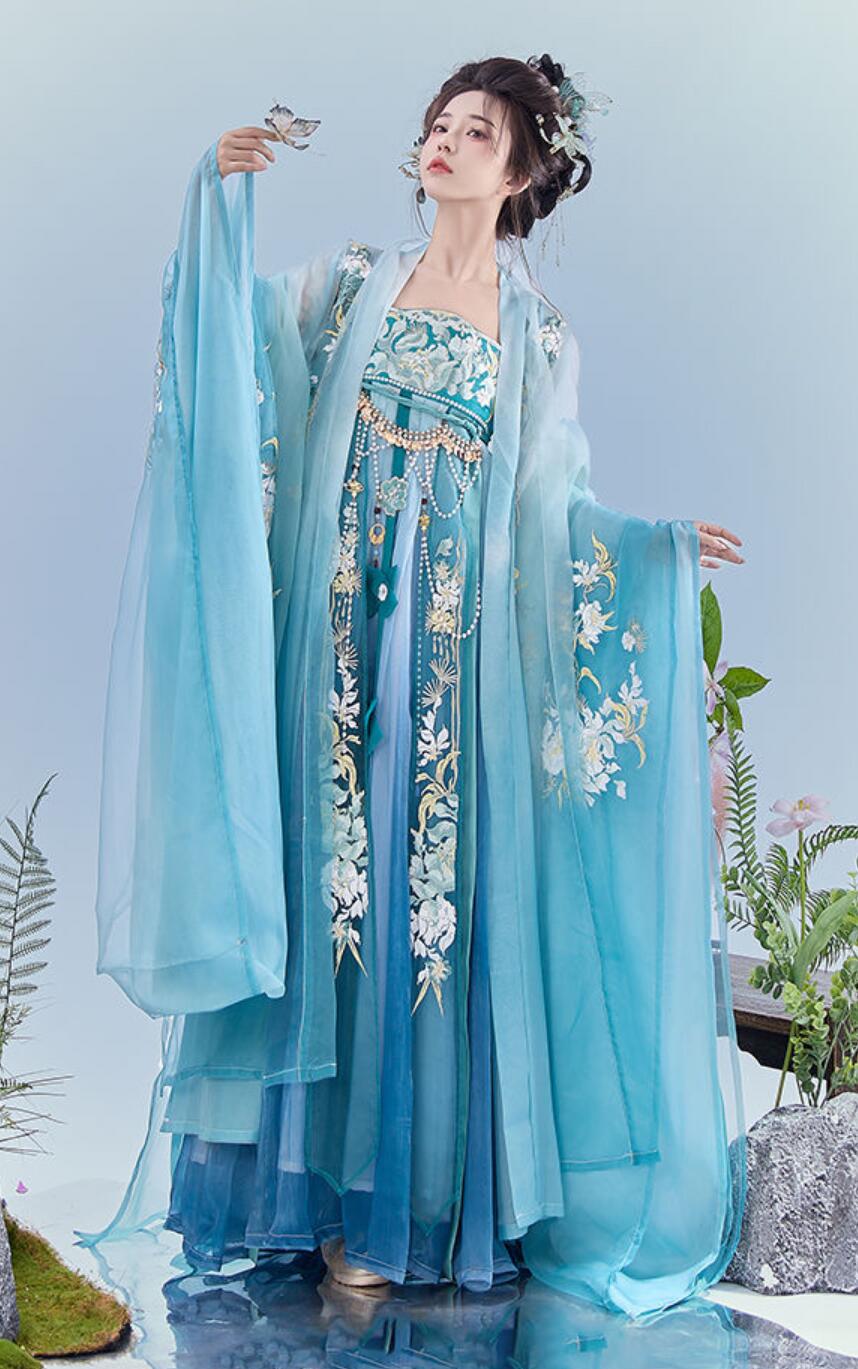 Blue Hanfu Women Chinese Tang Dynasty Wide Sleeves Hezi Dress Ancient Princess Embroidery Costumes Set