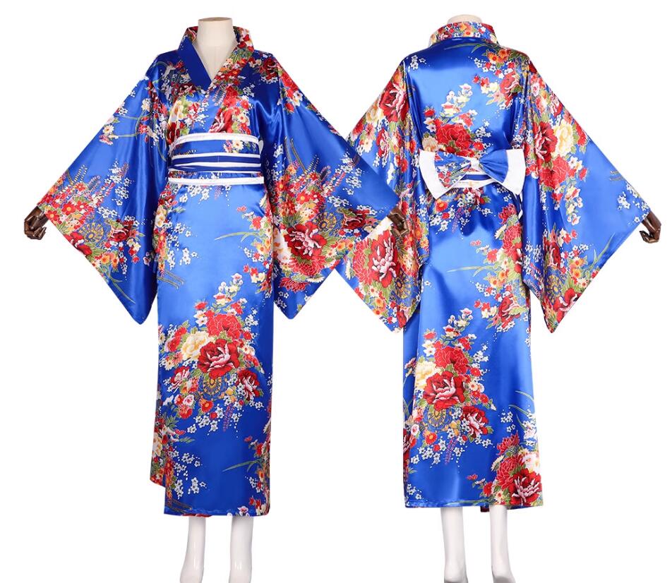 Japanese Traditional Costume Geisha Dance Performance Blue Yukata Furisode Kimono