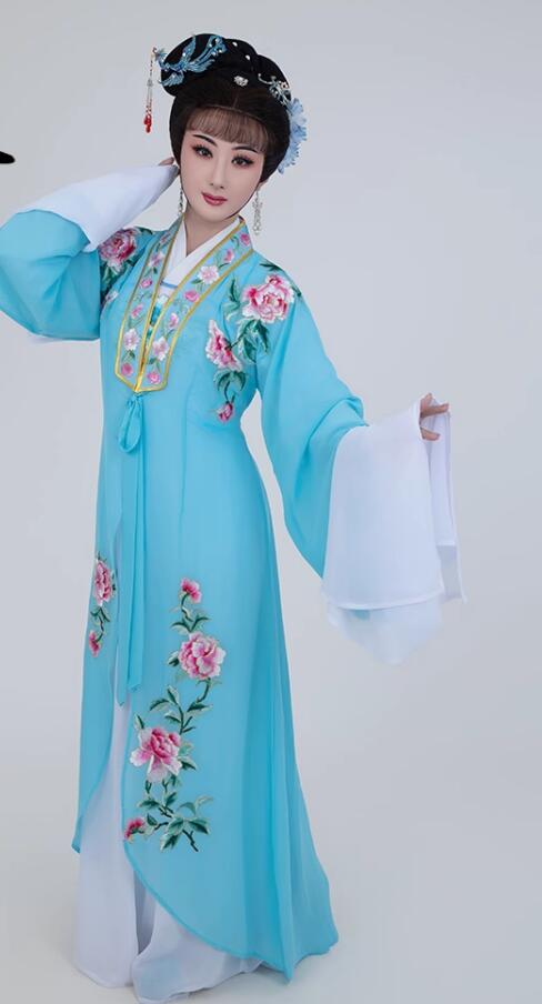 Chinese Ancient Palace Princess Costume Shaoxing Opera Diva Clothing Peking Opera Hua Tan Blue Dress