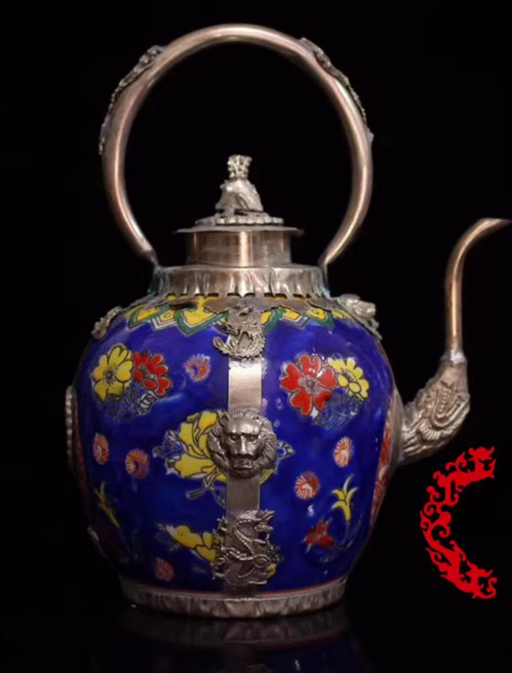 Chinese Traditional Enamel Craft Cloisonne Teapot Lion Head Dragon and Phoenix Bringing Prosperity
