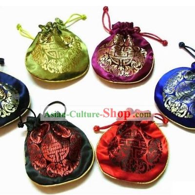 Chinese Classic Silk Drawstring Jewellery Pouches Set-Fu (5 pieces)