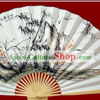 Chinese Hand Painted Large Decoration Fan by Zhao Qiaofa-Bamboo, Orchid and Stone