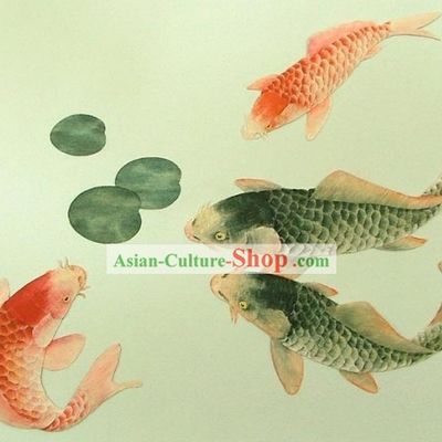 Chinese Classic Hand Carved Wood House Solid Decorative Painting-Prosperous Goldfish