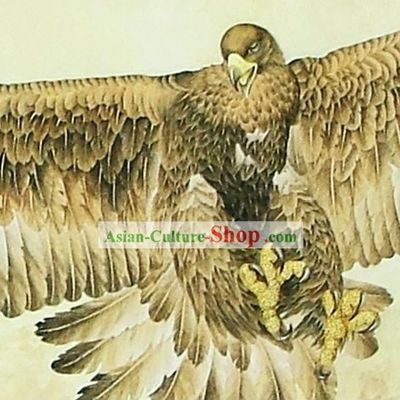 Chinese Classic Large Hand Carved Wood House Solid Decorative Painting-Eagle Flying in the Sea