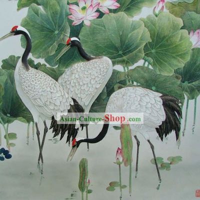 Chinese Classic Large Hand Carved Wood House Solid Decorative Painting-Cranes Group