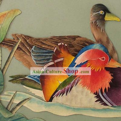Chinese Classic Large Hand Carved Wood House Solid Decorative Painting-Mandarin Duck Couple