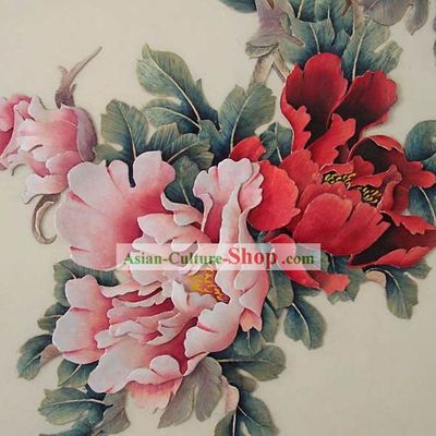 Chinese Hand Carved Wood House Solid Decorative Painting-Palace Peony