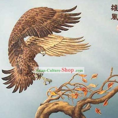 Chinese Classic Large Hand Carved Wood House Solid Decorative Painting-Hawk Landing