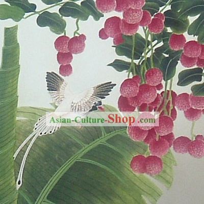 Chinese Classic Large Hand Carved Wood House Solid Decorative Painting-Lichee and Bird