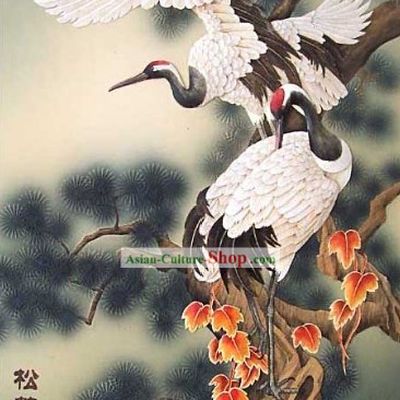 Chinese Classic Hand Carved Wood House Solid Decorative Painting-Cranes