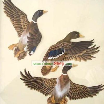 Chinese Classic Hand Carved Wood House Solid Decorative Painting-Ducks