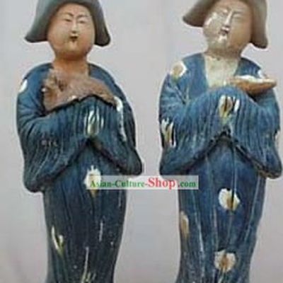 Chinese Tang San Cai Statue-Tang Dynasty Fat Ladies Holding Dogs and Baby(2 Pieces Set)
