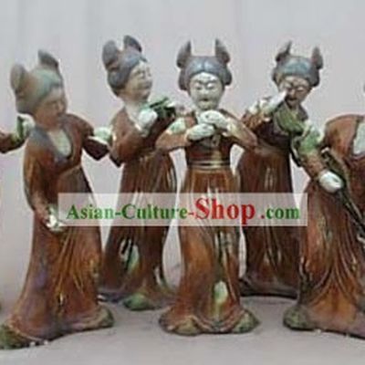 Chinese Classic Archaized Tang San Cai Statue-Group of Tang Dynasty Palace Musicians (7 Pieces Set)