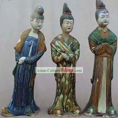 Chinese Classic Archaized Tang San Cai Statue-Maids of Honour (Three Pieces Set)