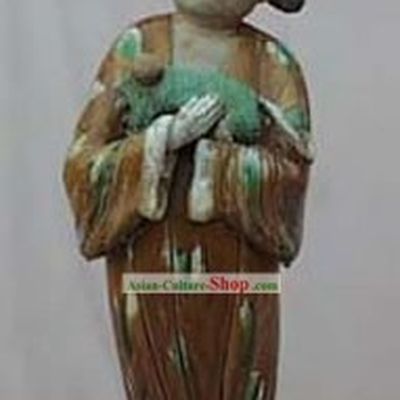 Large Chinese Tang San Cai Statue (Tri-colour Glazed Pottery)-Tang Dynasty Lady with A Puppy
