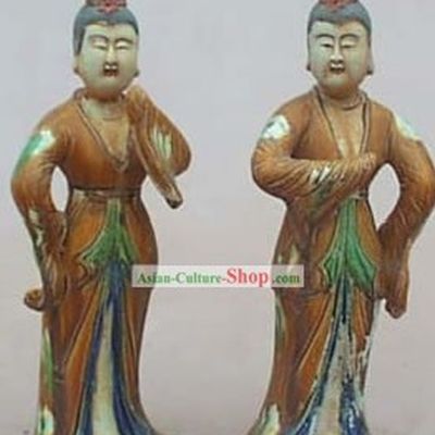Chinese Classic Archaized Tang San Cai Statue-Tang Dynasty Dancing Women (Two Pieces Set)