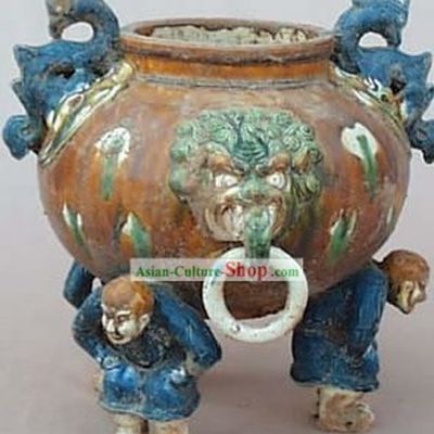Chinese Classic Archaized Tang San Cai Statue-Three Men Foot Dragon Pot