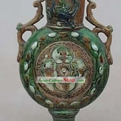 Chinese Classic Archaized Tang San Cai Statue-Twin Phoenix Shaped Handle Flat Jar