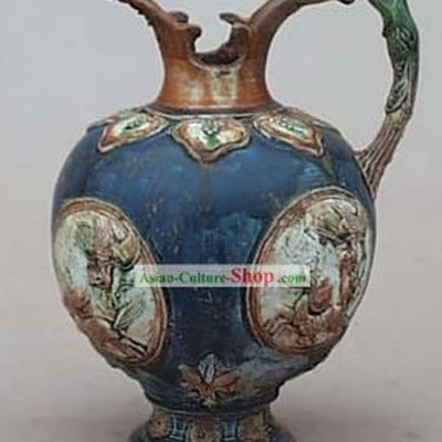 Chinese Classic Archaized Tang San Cai Statue-Lotus Kylin Kettle