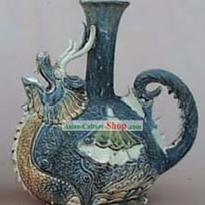 Chinese Classic Archaized Tang San Cai Statue-Dragon and Phoenix Kettle Pair