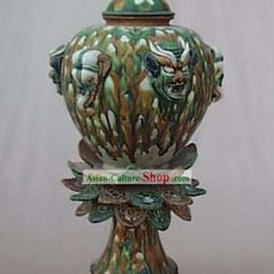 Chinese Classic Archaized Tang San Cai Statue-Lottus Towered Jar