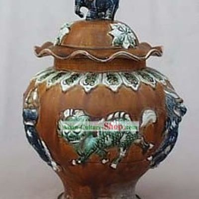 Chinese Classic Archaized Tang San Cai Statue-Elephant Shaped Knob Kylin Lidded Pot