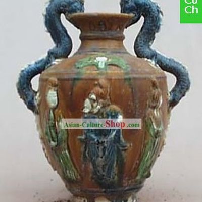 Chinese Classic Archaized Tang San Cai Statue-Twin Dragons Zun