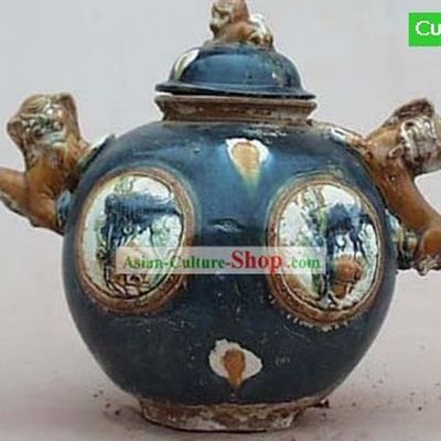 Chinese Classic Archaized Tang San Cai Statue-Foo Dogs Shaped Ear Jar