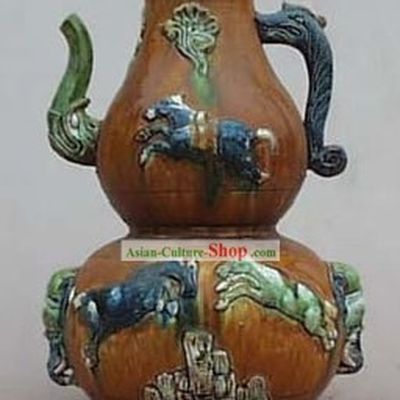 Chinese Classic Archaized Tang San Cai Statue-Six Horses Calabash Shaped Pot