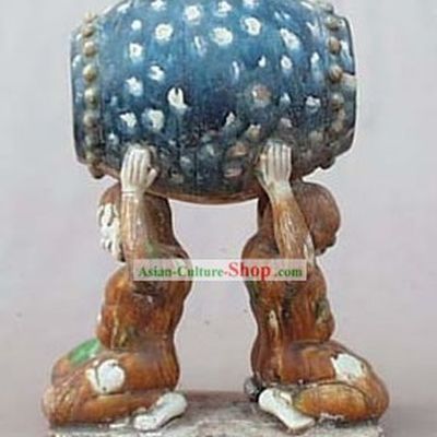 Chinese Classic Archaized Tang San Cai Statue-Men Holding up Drum