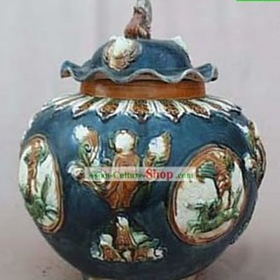 Chinese Classic Archaized Tang San Cai Statue-Tang Dynasty Lottus Leaf Lidded Jar