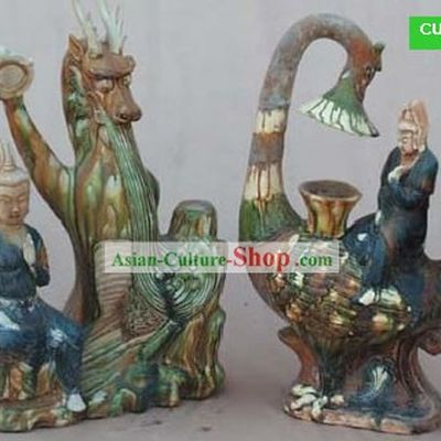 Chinese Classic Archaized Tang San Cai Statue-Phoenix and Dragon