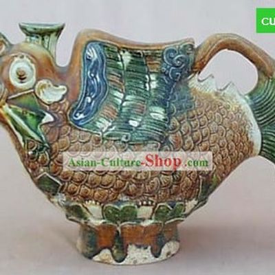 Chinese Classic Archaized Tang San Cai Statue-Dragon Head and Fish Body Ketter