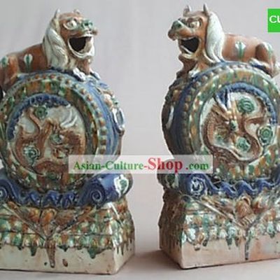Chinese Classic Archaized Tang San Cai Statue-Pair of Foo Dog Frusta
