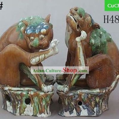 Chinese Classic Archaized Tang San Cai Statue-Pair of Seated Foo Dogs