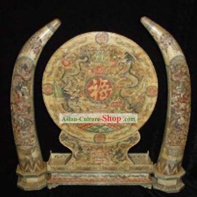 Chinese Classic Ox Bone Handicraft Sculpture Statue-Five Dragons Folding Screen