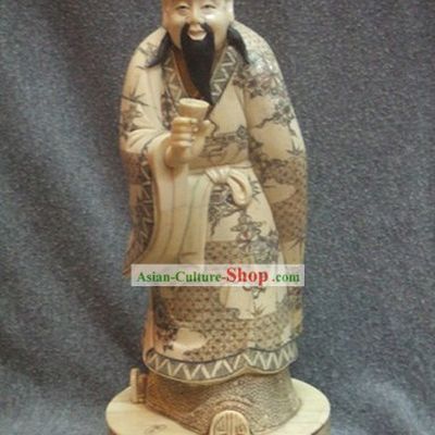 Chinese Classic Ox Bone Handicraft Sculpture Statue-Lu Yu Tasting Tea