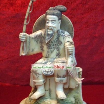 Chinese Classic Ox Bone Handicraft Sculpture Statue-Ancient Old Fishing Man