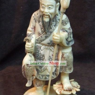 Chinese Classic Ox Bone Handicraft Sculpture Statue-Fishing Man
