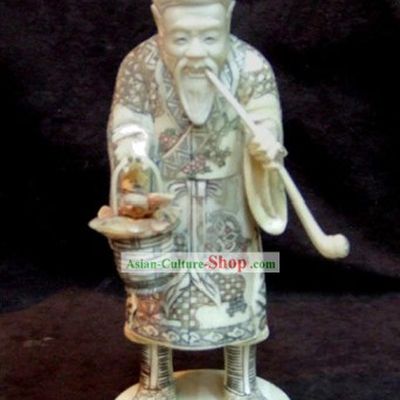 Chinese Classic Ox Bone Handicraft Sculpture Statue-Ancient Healthy Old Man
