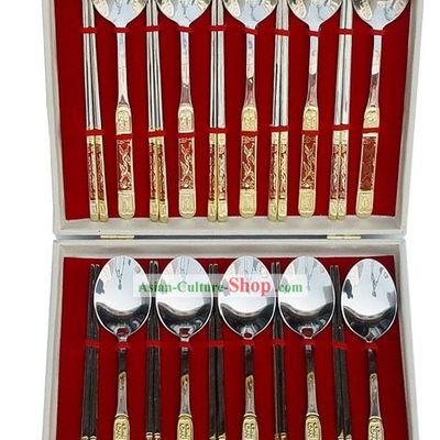 Chinese Classic Red Cloisonne Dishware-20 Pieces Scoops and Chopsticks Set