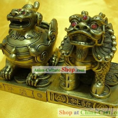 Chinese Classic Brass Statue-Doule Horn Pi Qiu and Single Horn Pi Qiu Set