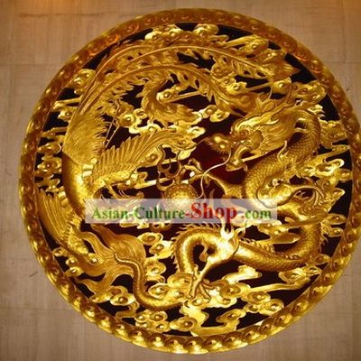 Chinese Palace 100 Percent Hand Carved Golden Dragon and Phoenix Large