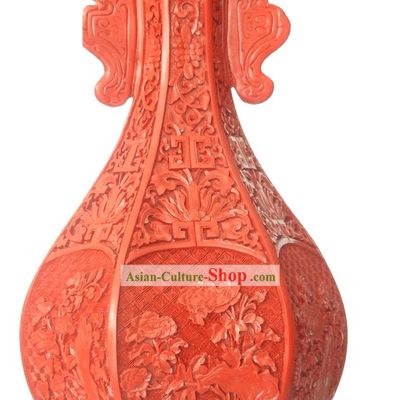 Chinese Palace Lacquer Works-Double Ears Carved Red Bottle