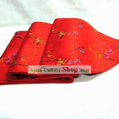 Chinese Handmade Silk Red Plum Blossom Table Banner