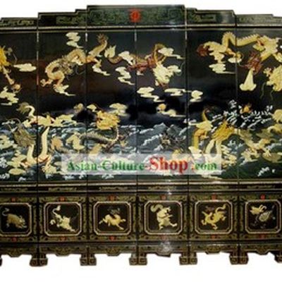 Chinese Hand Made Lacquer Ware Screen-Nine Dragons Legend