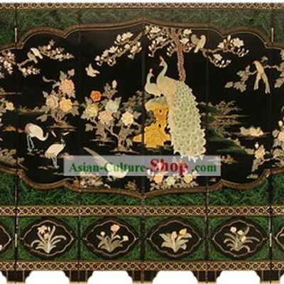 Chinese Hand Made Lacquer Ware Screen-Peacock Flowers Birds